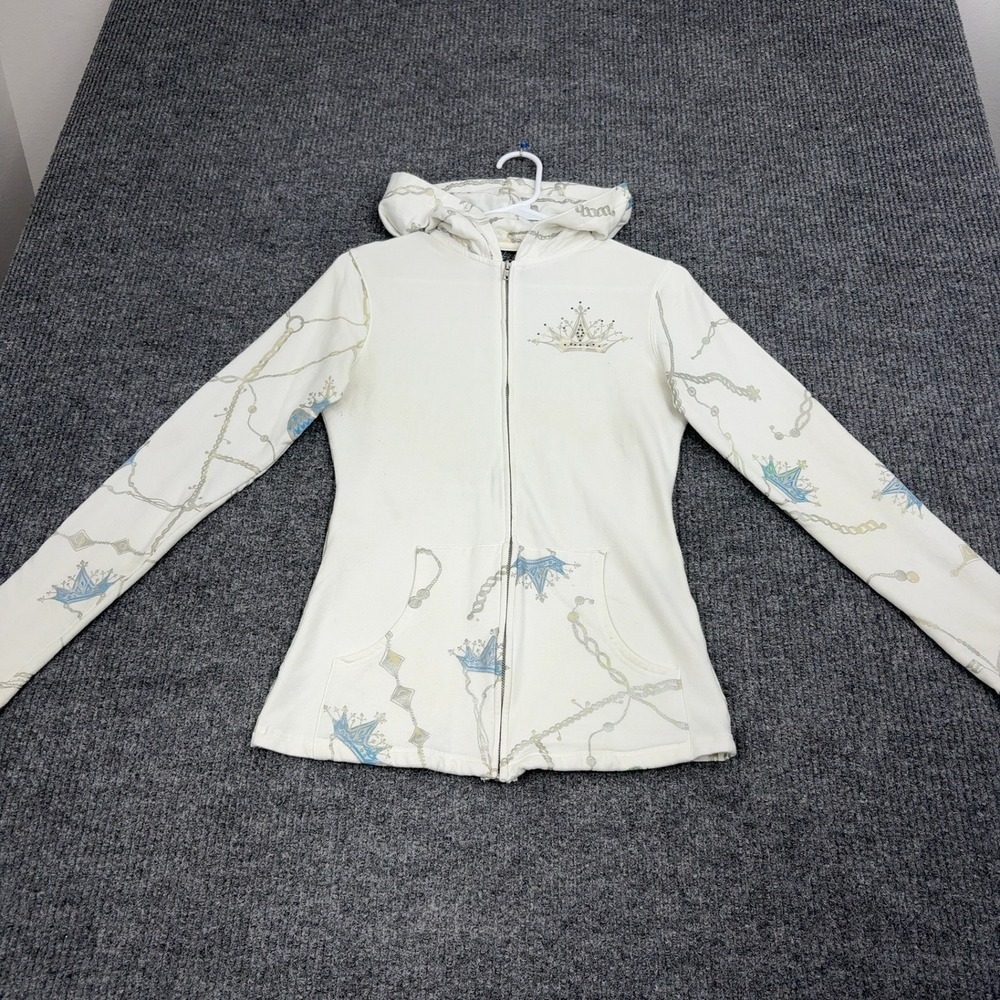 Cello‎ Zip Up Hoodie Womens L White Crown Rhinestone Graphic McBling Y2K Style